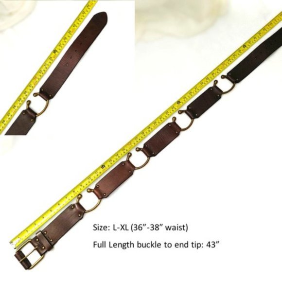 Handmade Belt Brown Genuine Leather Brass Tongue Buckle Antiqued Horseshoe Links - Picture 9 of 13